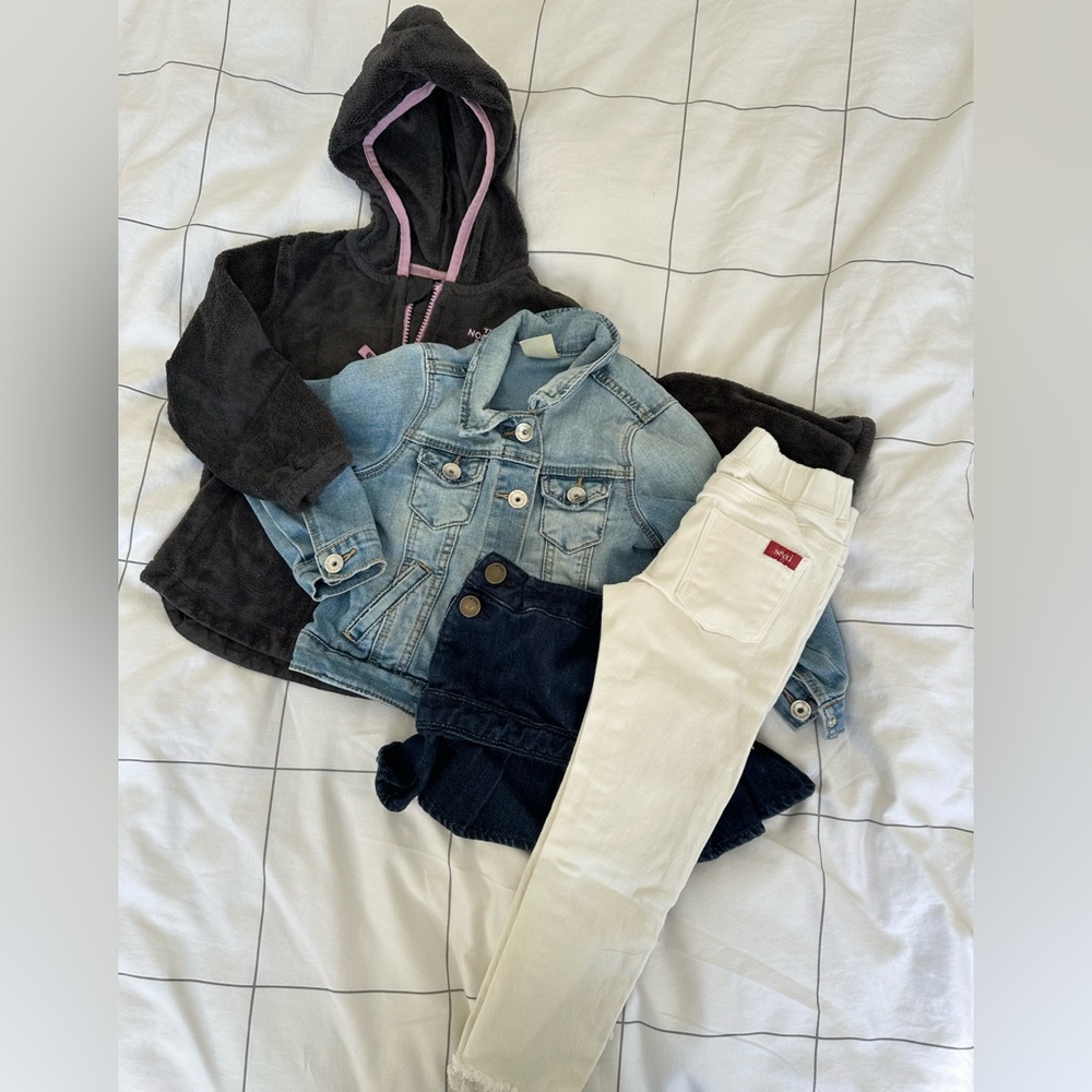 The Northface jacket bundle, Zara denim jacket, denim skirt, white jeans